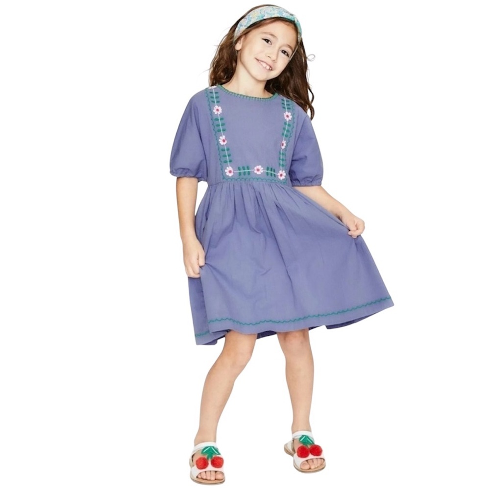 Mini Boden Floral Appliqué Embroidered Purple Dobby Dress Girls 9-10Y